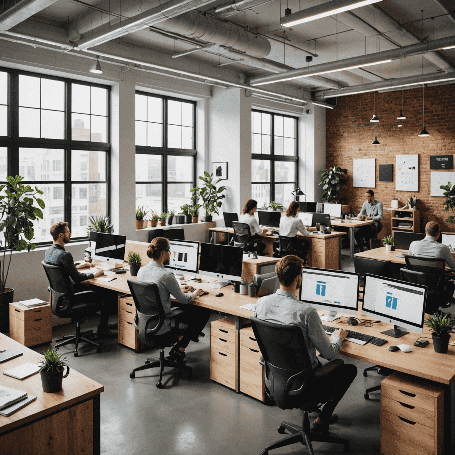 A modern office space with people working on computers, representing small business owners using digital tools to manage their operations