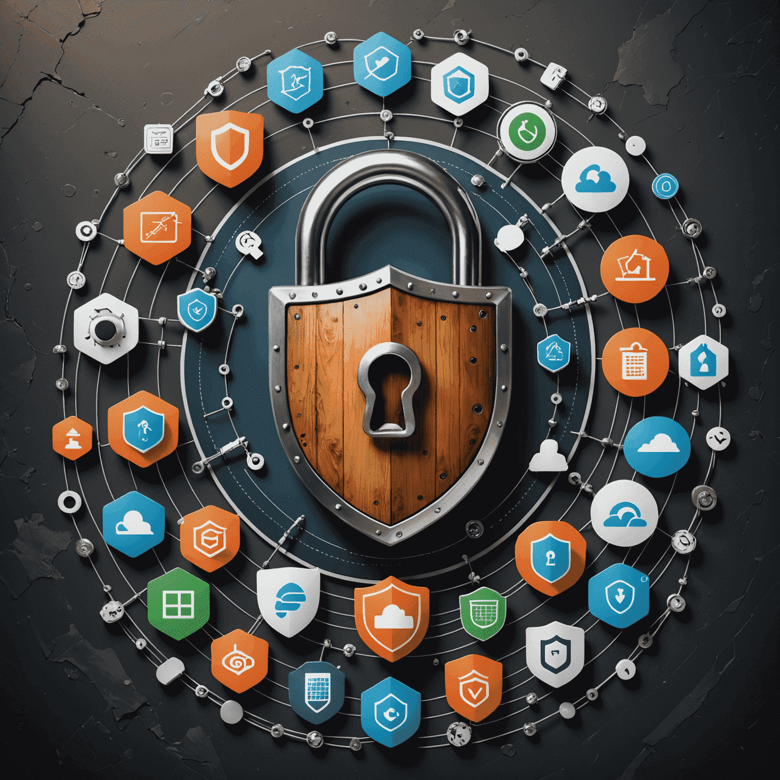 A collage showing various cybersecurity threats and protection measures, including a firewall, padlock, and shield, symbolizing the digital security landscape for small businesses