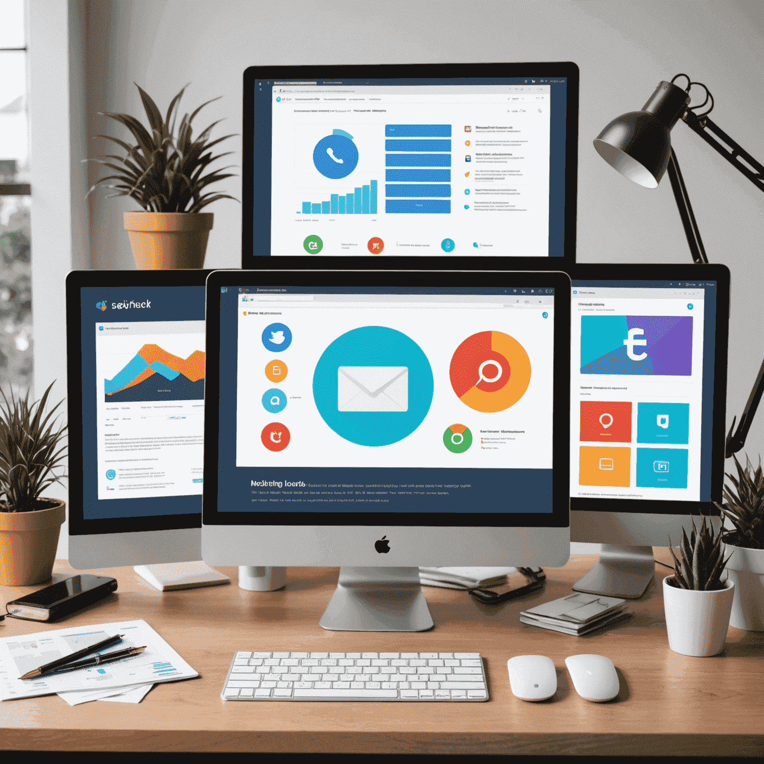 Various digital marketing tools such as social media management platforms, email marketing software, and SEO analysis tools displayed on computer screens