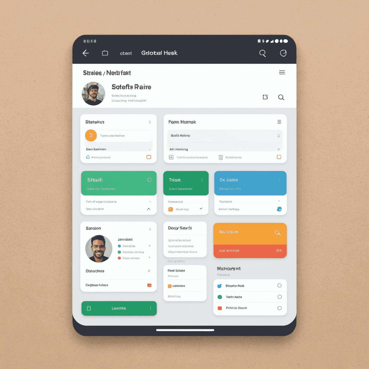 A clean and intuitive task management interface with colorful task cards, progress bars, and team member avatars