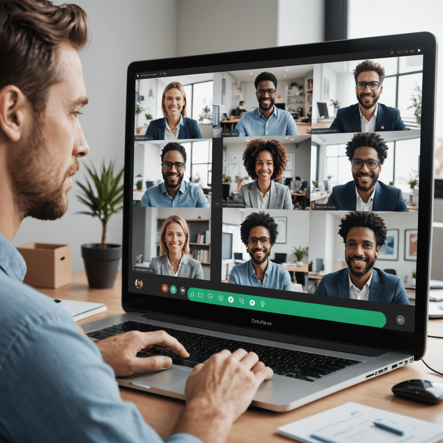 A split-screen view showing a video conference call and a shared document being edited in real-time