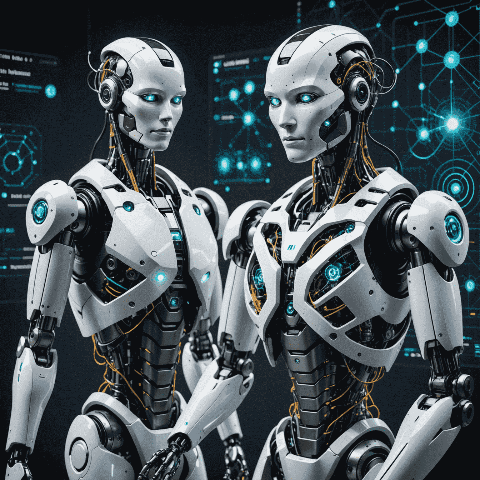 Visual representation of AI in business, showing robots, neural networks, and data visualization graphics interacting with various business operations.