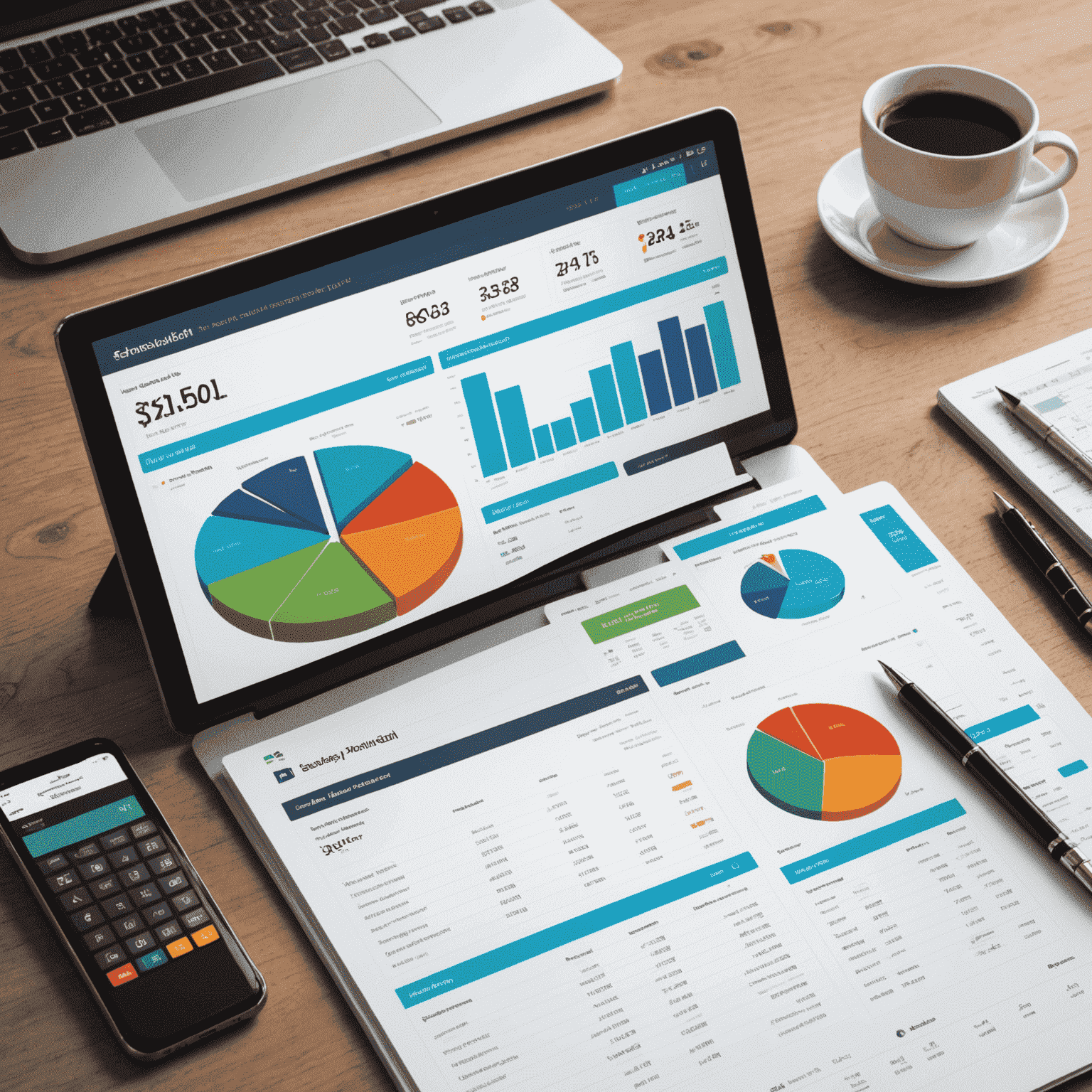 Financial dashboard displaying automated invoicing, expense tracking, and financial reporting tools