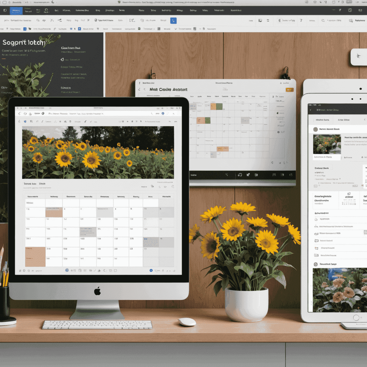 Content creation tool interface showing writing assistant, image editor, and content calendar
