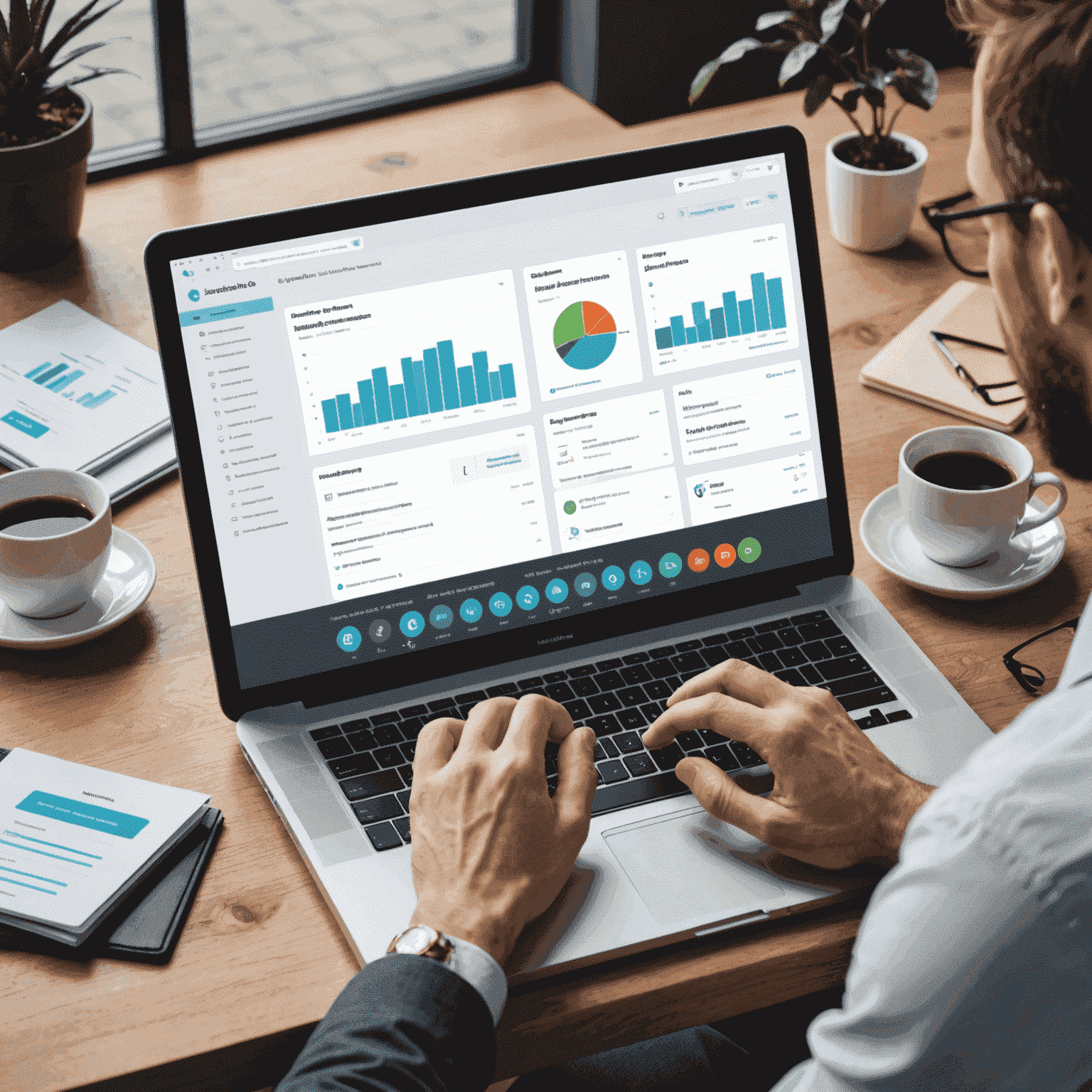 Marketing automation platform showing email campaigns, social media scheduling, and analytics