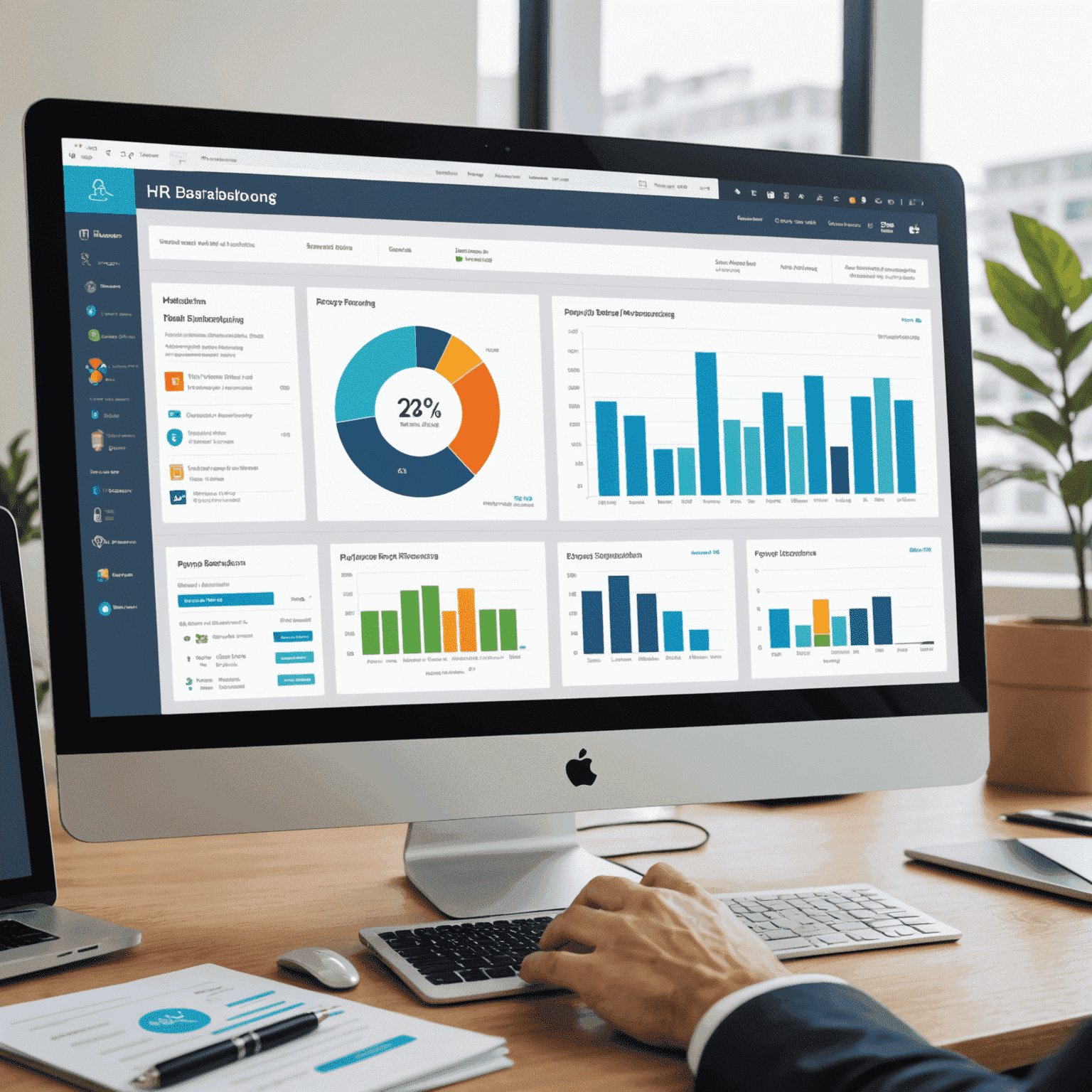 HR dashboard displaying automated payroll processing, time tracking, and employee onboarding tools